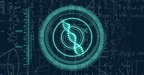 Image of data processing and dna strand over mathematical equations Stock Illustration