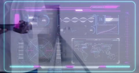 Image of data processing and dna strand over biracial male doctor holding tablet Stock Illustration