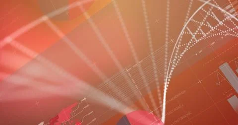 Image of data processing and dna strand over red background Stockillustratie