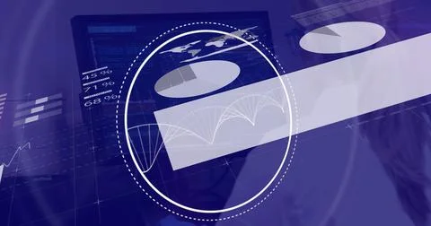 Image of data processing and dna strand over caucasian woman using computer Stock Illustration