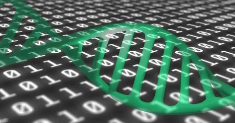 Image of data processing and dna strand on black background Foto stock