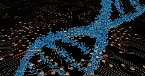 Image of data processing and dna strand over black background Foto stock