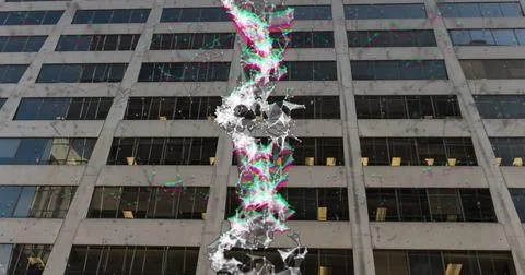 Image of data processing and dna strand over city 스톡 사진