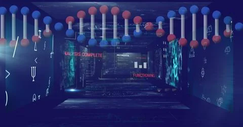 Image of data processing and dna strand over blue background Foto stock