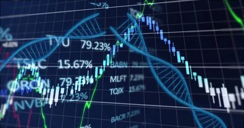 Image of data processing and dna strands on black background Stock Photos