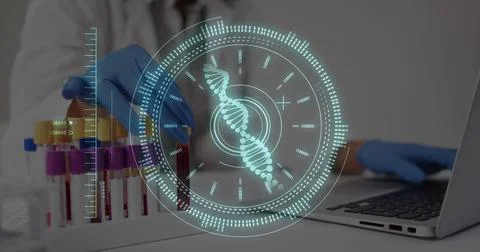 Image of data processing and dna strand over female doctor with test tubes Stock Photos