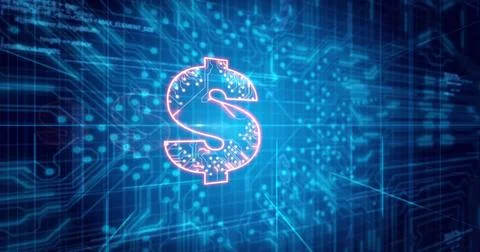 Image of data processing and dollar icons over light spots Stockillustratie