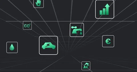 Image of data processing and eco icons on grid and black background Stock Photos