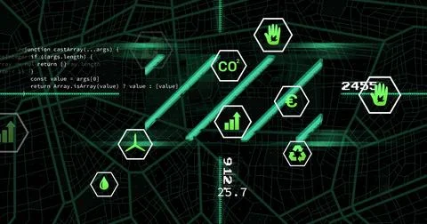 Image of data processing and ecology icons on black background 写真素材