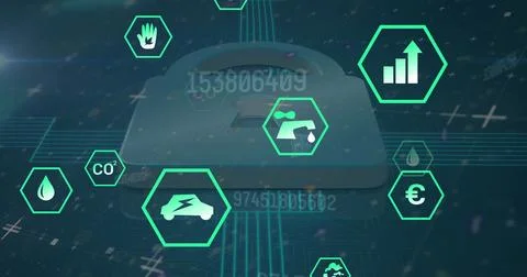 Image of data processing and ecology icons over padlock Stock Photos