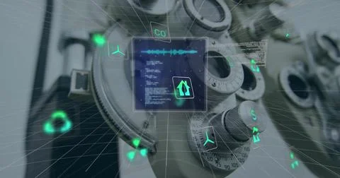 Image of data processing and ecology icons over microscope Foto stock