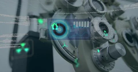 Image of data processing and ecology icons over microscope Foto stock