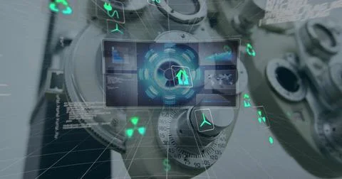 Image of data processing and ecology icons over microscope Foto stock