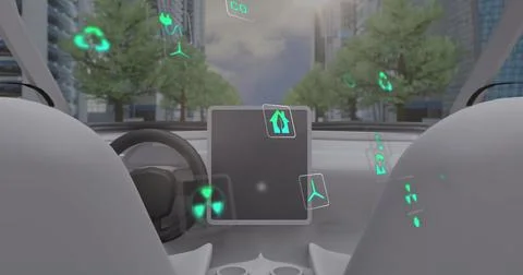 Image of data processing and ecology icons over city and car Foto stock