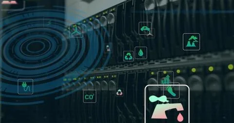 Image of data processing and ecology icons over server room Stock Photos