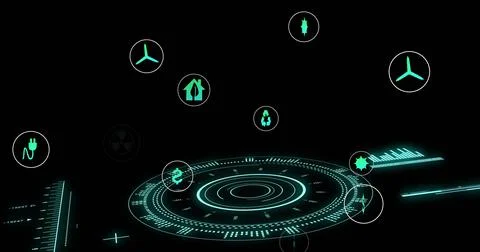 Image of data processing and ecology icons over scope scanning on black Stock Photos