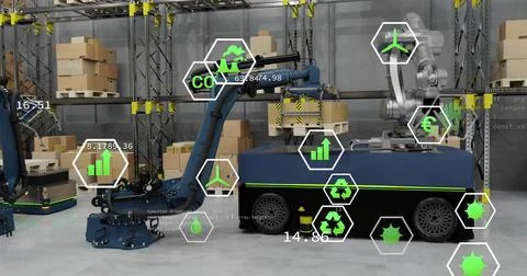 Image of data processing and ecology icons over warehouse Stock Photos