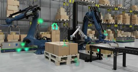 Image of data processing and ecology icons over warehouse Foto stock