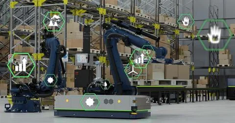 Image of data processing and ecology icons over warehouse Stock Photos