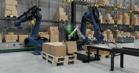 Image of data processing and ecology icons over warehouse Stock Photos