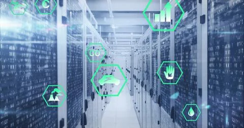 Image of data processing and ecology icons over server room 스톡 사진