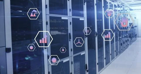 Image of data processing and ecology icons over server room 스톡 사진