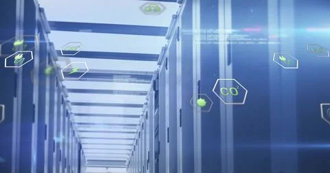 Image of data processing and ecology icons over server room 스톡 사진
