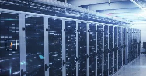 Image of data processing and ecology icons over server room 스톡 사진