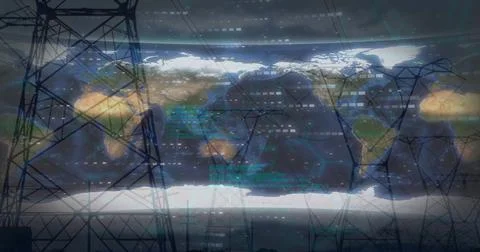 Image of data processing and electricity pylons over world map 스톡 사진