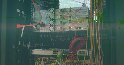 Image of data processing and email icons over business people wearing headsets Stock Photos