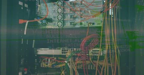 Image of data processing and email icons over business people wearing headsets Stock Photos