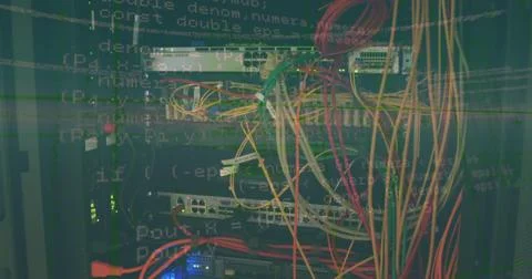 Image of data processing and email icons over business people wearing headsets Foto stock