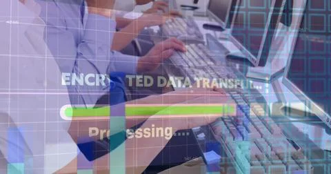 Image of data processing and encrypted data over hands of diverse call center Stock Photos