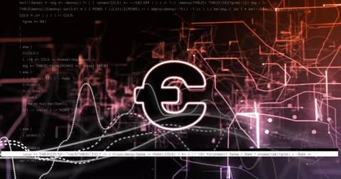 Image of data processing and euro symbol over black background Stock Photos