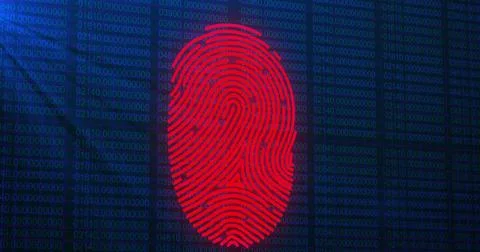 Image of data processing and fingerprint over binary code on navy background Illustrazione stock