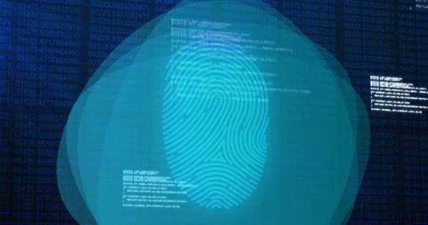 Image of data processing and fingerprint over binary code on navy background Stock Illustration