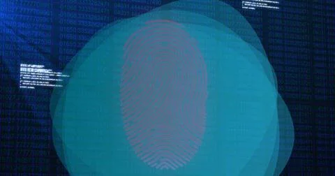 Image of data processing and fingerprint over binary code on navy background Stock Illustration