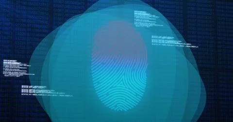 Image of data processing and fingerprint over binary code on navy background Stock Illustration