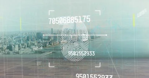 Image of data processing and fingerprint over cityscape Ilustração Stock