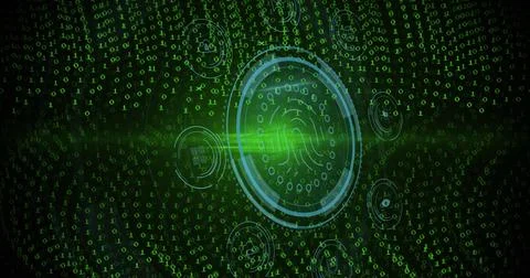 Image of data processing and fingerprint over black background Foto stock
