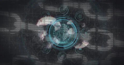 Image of data processing and fingerprint over black background Foto stock