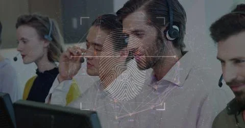 Image of data processing and fingerprint over diverse business people in offi Foto stock