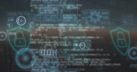 Image of data processing and fingerprint over blue background Stock Photos