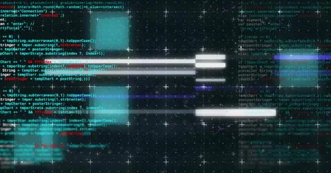 Image of data processing and flashing lights over grid on black background Stock Photos