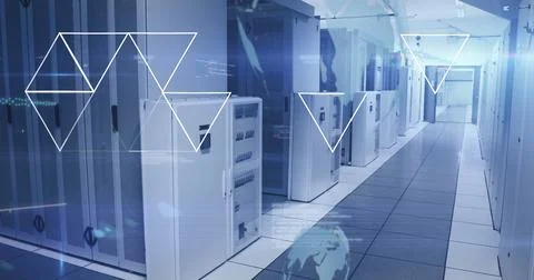 Image of data processing and geometrical shapes against computer server room 스톡 사진