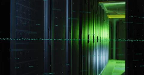 Image of data processing and globe over green lights of computer server 스톡 일러스트