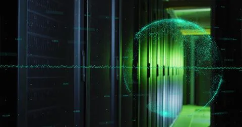 Image of data processing and globe over green lights of computer server Stock-Illustration
