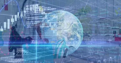 Image of data processing and globe over african american businessman with イラスト素材