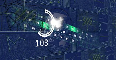 Image of data processing and globe on blue background Stock Illustration