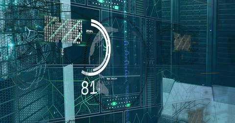 Image of data processing and globe over server room 스톡 일러스트